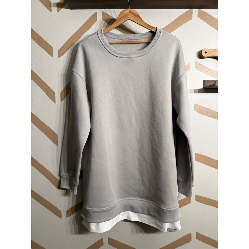 Grey White Long Sleeve Relaxed Fit Crew Neck Layered Hem Tunic Sweatshirt L